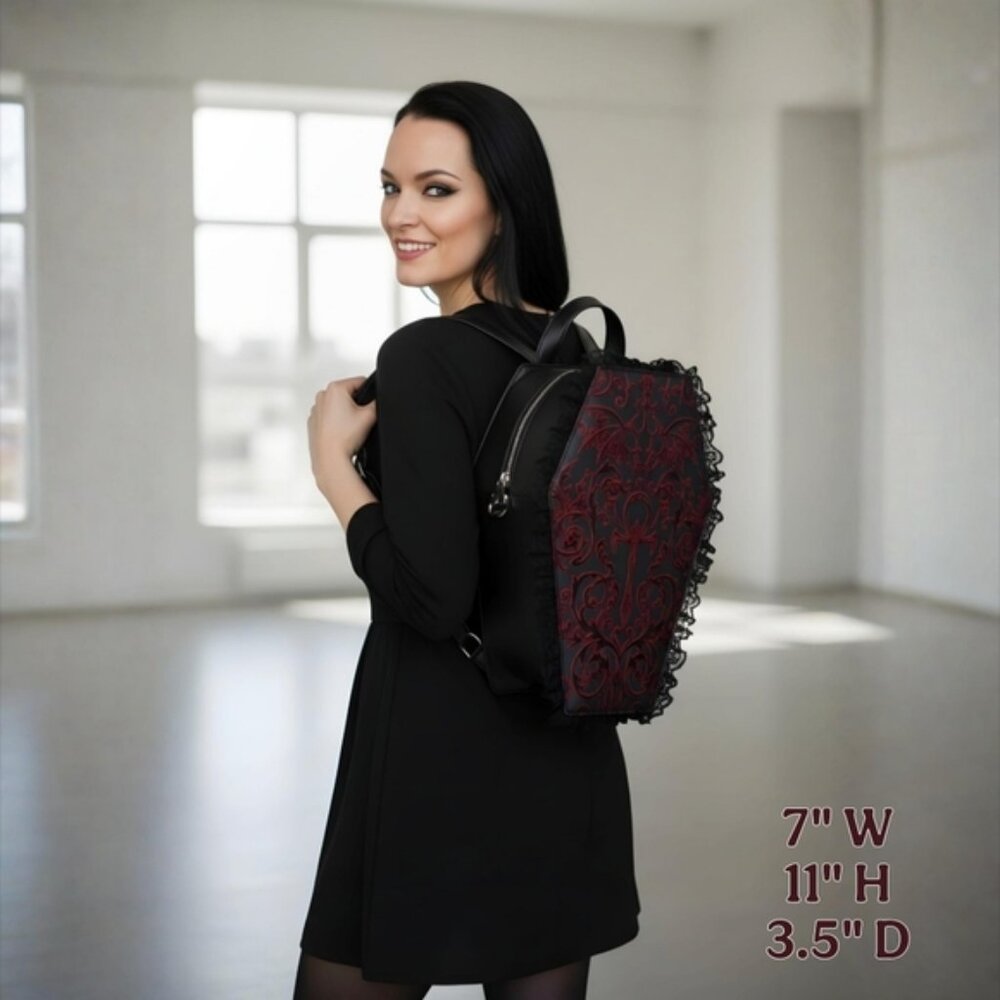 Widow ✦ Vegan Leather Coffin Backpack ✦ Gothic Brocade Lace Trim OS NWT